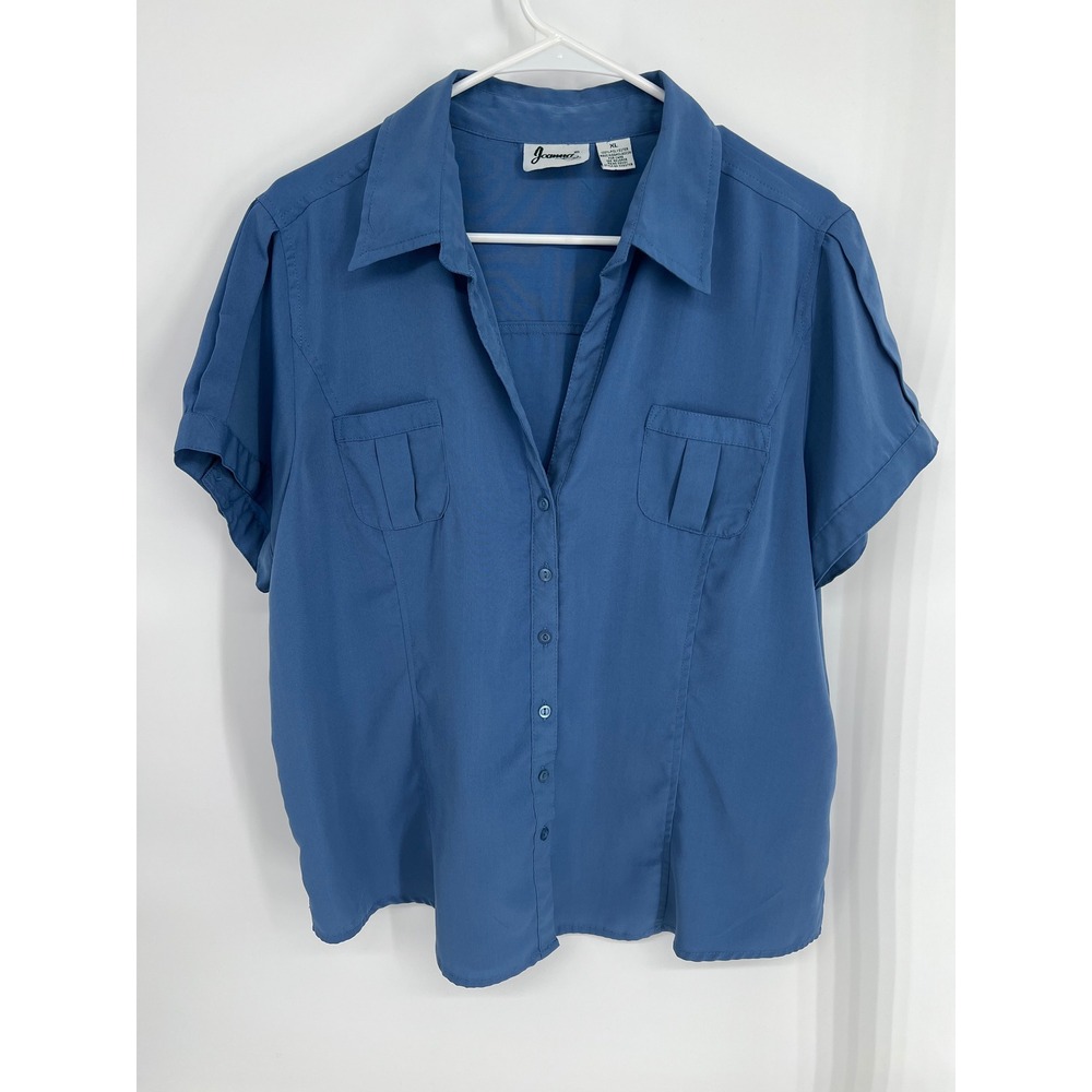 VTG Joanna Blue Short Sleeve Button Down Blouse XL Pleated Pockets Career Top